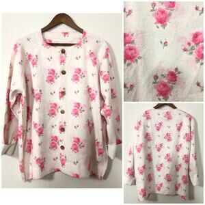 VTG Floral Blanket Cardigan L/XL White Pink Whimsical Cottage Fairycore Cozy